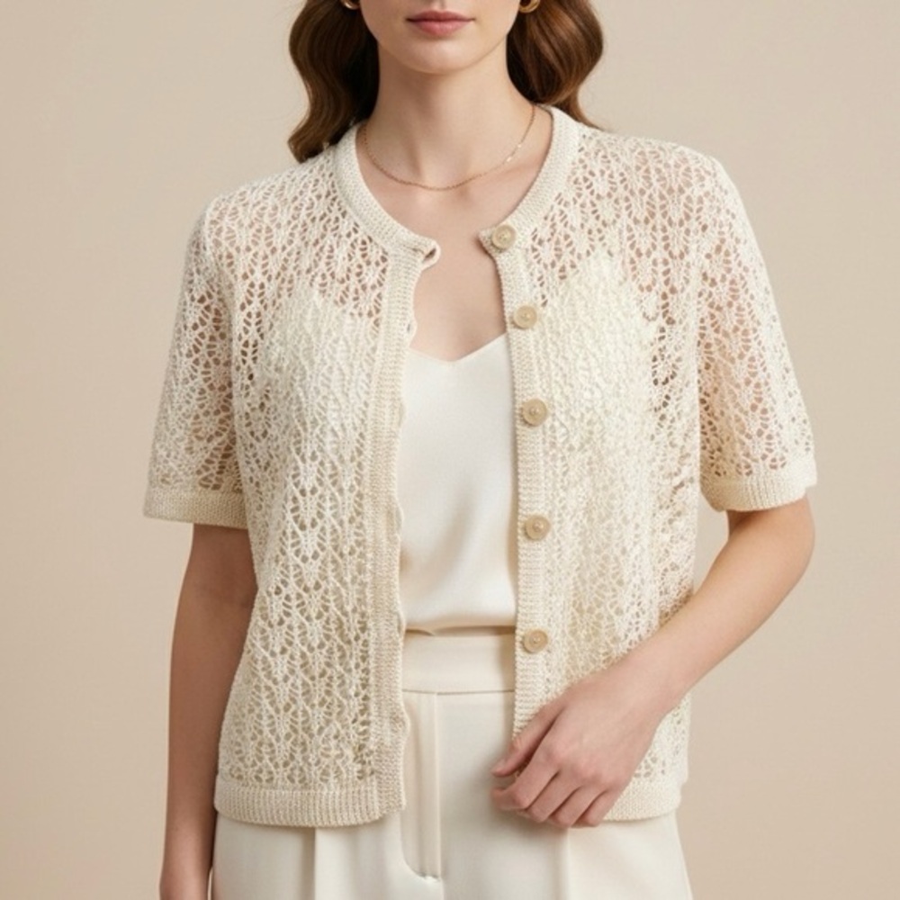 HANDMADE NORTHERN SILK Handcrafted Crochet Lace Cotton Linen Cardigan Cream